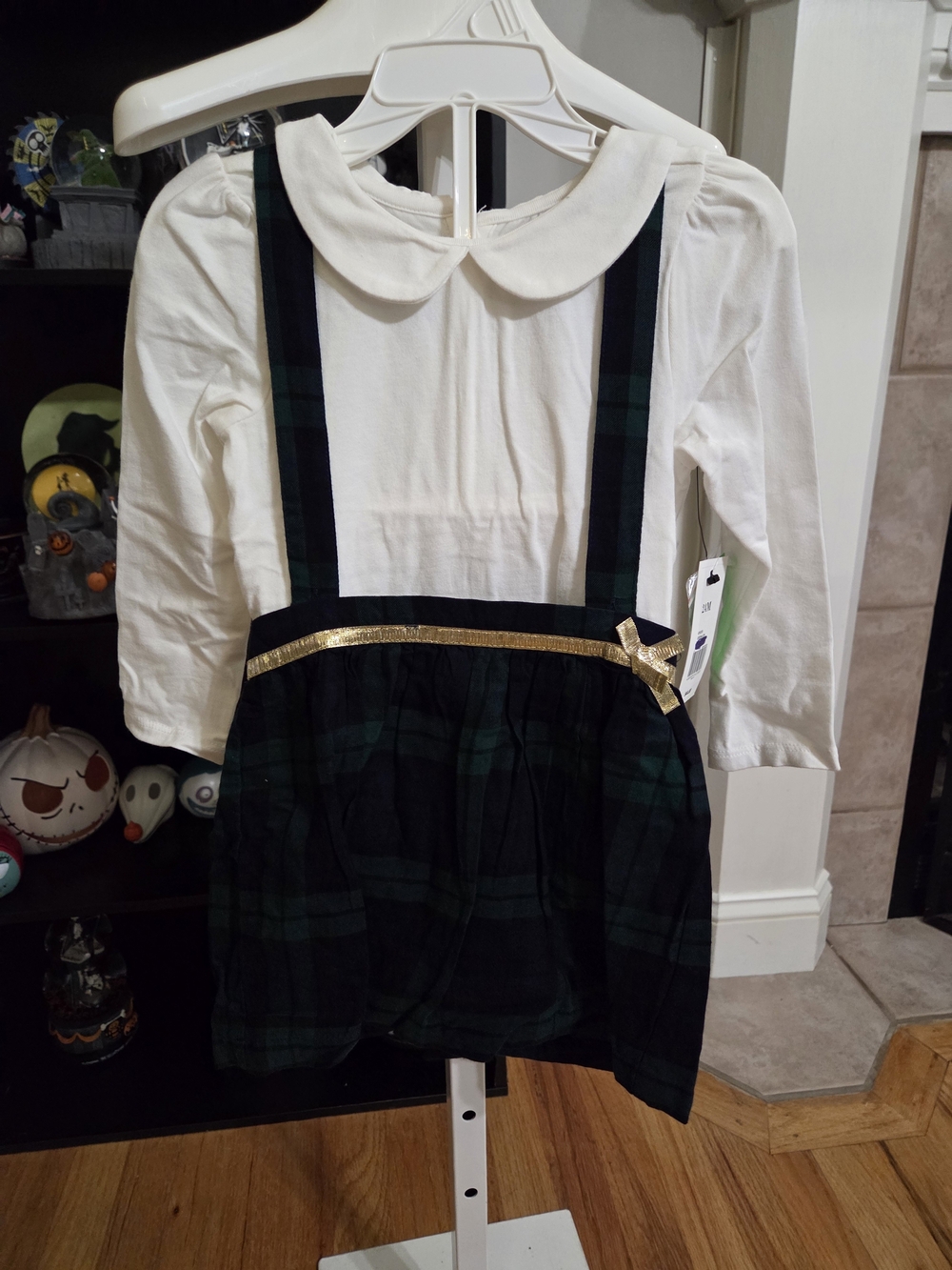 Girls White Peter Pan Collar Top with Green Plaid Skirt and Gold Trim